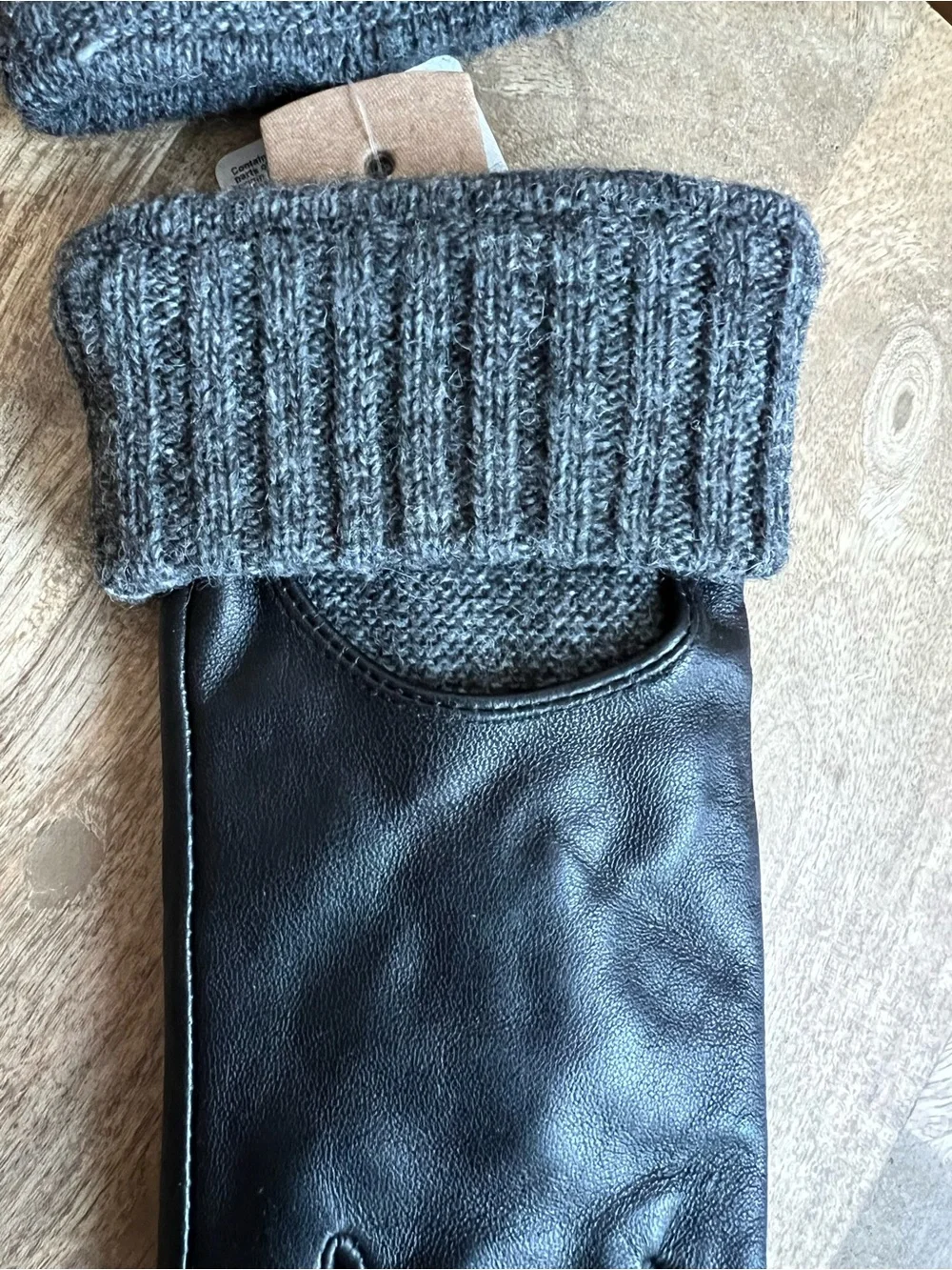 Women’s Black Leather Gloves with Gray Knit Cuff